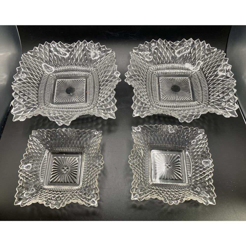 Indiana Glass Diamond Point Ruffled Square Glass Dishes / Bowls (4) 2 Diff Sizes